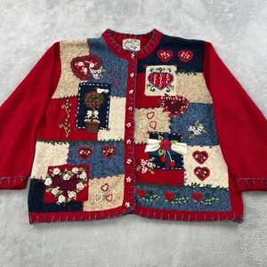Heirloom Collectible Heart Patchwork Cardigan L Red Vintage Holiday Festive